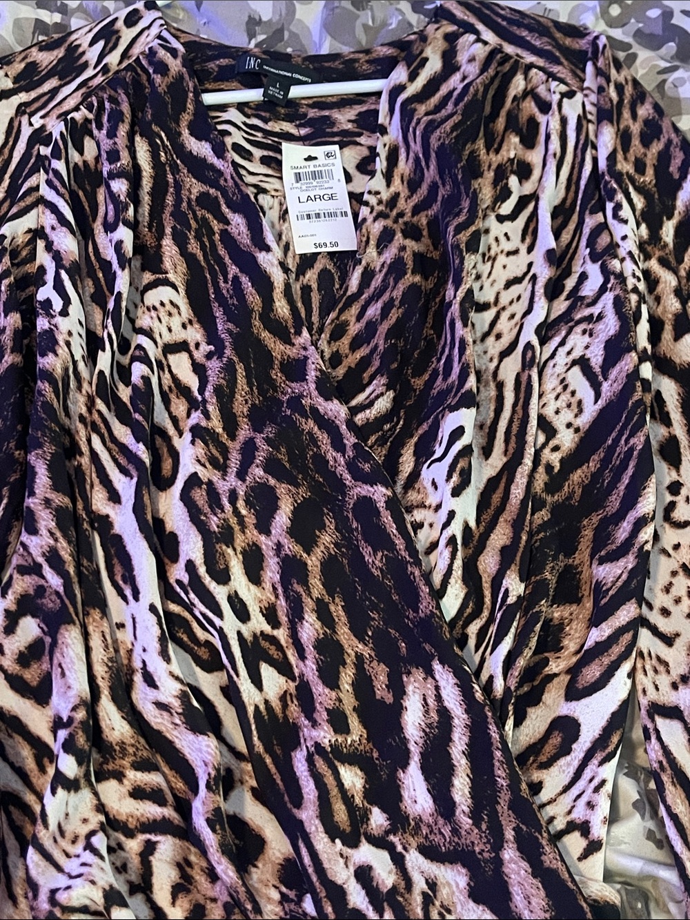INC International Concepts Brown Black Cream Animal Print Wrap Top